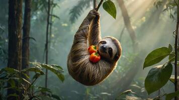 A sloth hanging from a branch, holding colorful peppers in a sunlit forest. photo