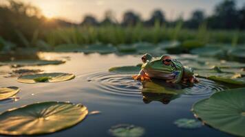 A frog resting on lily pads in a tranquil pond during sunset. photo