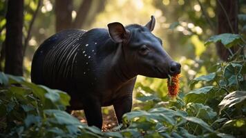 A tapir standing in a forest, nibbling on a flower amidst lush greenery. photo
