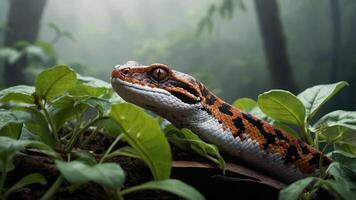A close-up of a colorful snake resting among green foliage in a misty environment. photo