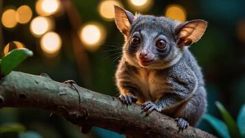A close-up of a cute marsupial perched on a branch with a blurred background of lights. photo