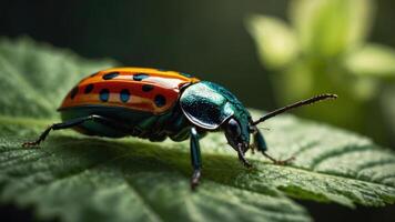 A close-up of a colorful beetle resting on a leaf, showcasing its vibrant patterns. photo