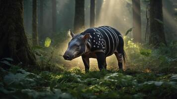 A tapir stands in a sunlit forest, surrounded by lush greenery and soft light. photo