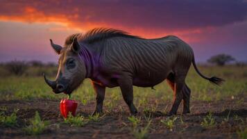 A warthog stands in a field at sunset, playfully interacting with a red pepper. photo