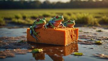 Four colorful frogs perched on a block of cheese in a natural setting. photo