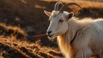 A goat with horns holds a stick in its mouth, set against a warm, golden landscape. photo