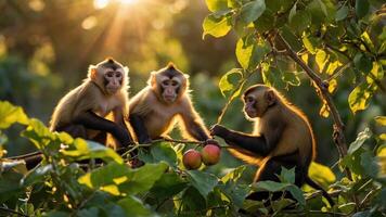 Three monkeys playfully interacting on branches with sunlight filtering through leaves. photo