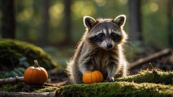 A raccoon sits beside small pumpkins in a forest setting, capturing a serene autumn moment. photo