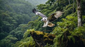 A majestic eagle takes flight amidst a lush green forest backdrop. photo