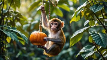 A monkey playfully hanging from a rope with a pumpkin in a lush green environment. photo