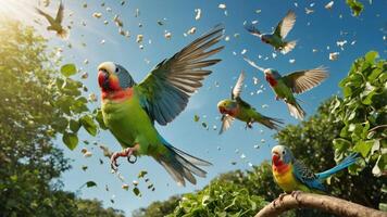 Vibrant scene of colorful parrots in flight among greenery, capturing nature's beauty. photo
