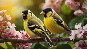 Two vibrant birds perched on a branch surrounded by pink blossoms in a serene setting. photo