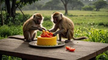 Two monkeys sharing a meal of tomatoes on a table in a natural setting. photo
