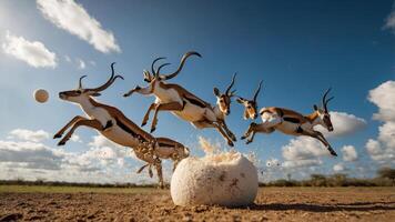 A group of antelopes leaps over a large egg in a dynamic outdoor scene. photo