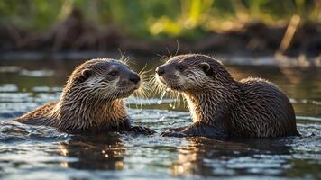Two playful otters interacting in a serene water setting. photo