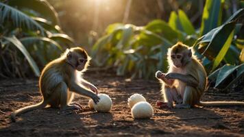 Two monkeys play with white objects in a sunlit, lush environment. photo