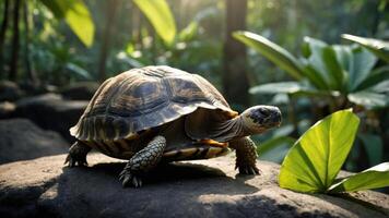 A turtle resting on a rock in a lush, green forest setting. photo