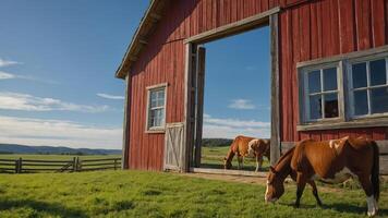 A red barn with cows grazing in a green field under a clear blue sky. photo