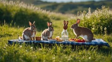Three rabbits enjoying a picnic on a grassy field with food and drinks. photo