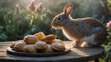 A rabbit sits near a platter of pastries in a serene garden setting. photo