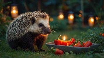 A hedgehog beside a bowl of peppers and a candle, set in a garden with soft lighting. photo