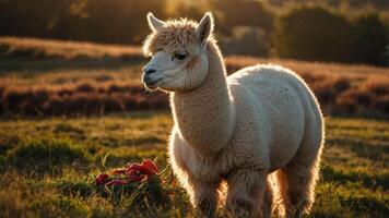 A fluffy alpaca stands in a sunlit field, surrounded by greenery and a bouquet of flowers. photo