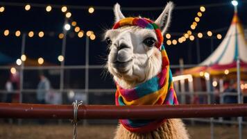 A cheerful llama wearing a colorful scarf at a festive event with lights in the background. photo