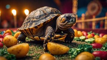 A tortoise surrounded by colorful fruits and vegetables in a festive setting. photo