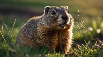 A close-up of a curious ground squirrel in a grassy field during golden hour. photo
