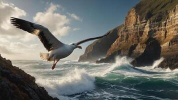 A seagull soaring over crashing waves near rugged cliffs under a dramatic sky. photo