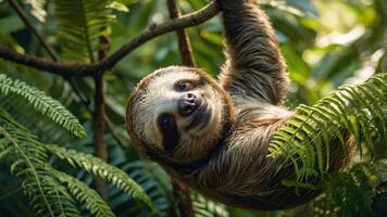 A sloth hanging from a tree branch in the jungle photo