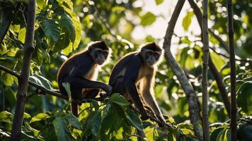 Two monkeys perched on branches amidst lush green foliage in a natural setting. photo
