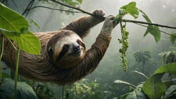 A sloth hanging from a vine in a lush, green rainforest setting. photo