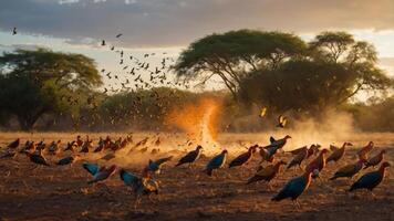A vibrant scene of birds in flight and on the ground, with a sunset backdrop. photo