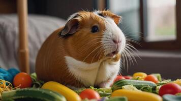 A guinea pig surrounded by fresh vegetables on a colorful surface. photo