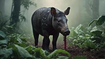 A tapir standing in a misty forest, surrounded by lush greenery. photo
