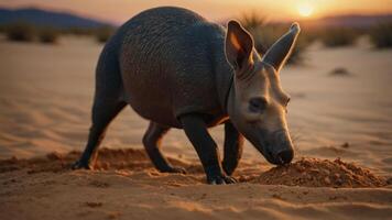 Aarmadillo foraging in sandy desert at sunset. photo
