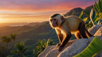 A capuchin monkey perched on a rock during sunset, surrounded by lush greenery. photo