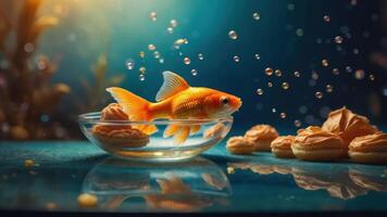 A goldfish swims in a bowl surrounded by small pastries, creating a whimsical scene. photo