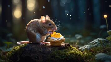 A mouse enjoying a dessert in a serene forest setting. photo