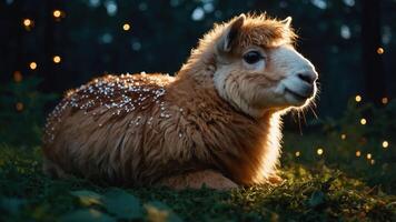 A fluffy sheep resting on grass, illuminated by soft lights in a serene forest setting. photo