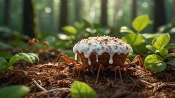 A whimsical scene featuring a giant cupcake with spider legs in a forest setting. photo