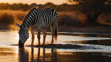 A zebra drinking from a water source at sunset, highlighting wildlife in a natural habitat. photo