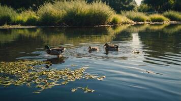 A serene scene of ducks swimming in a calm pond surrounded by lush greenery. photo