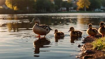 A mother duck and her ducklings wade in a serene lake during sunset. photo