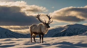 A majestic reindeer stands in a snowy landscape with mountains and clouds in the background. photo