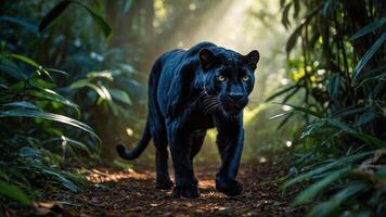 A black panther walks through a lush jungle, illuminated by soft beams of sunlight. photo
