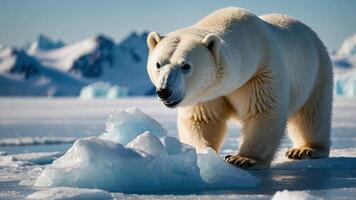 A polar bear stands on ice, exploring its Arctic environment. photo