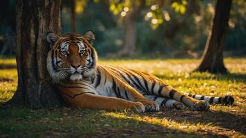 A tiger resting against a tree in a serene, sunlit environment. photo