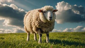 A fluffy sheep standing in a green field under a cloudy sky. photo